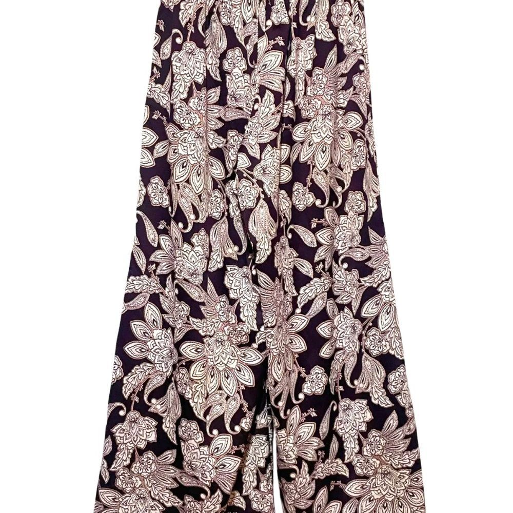Drapey Dark Floral Silky Palazzo Pants Front Slits Festival Boho - Picture 2 of 12